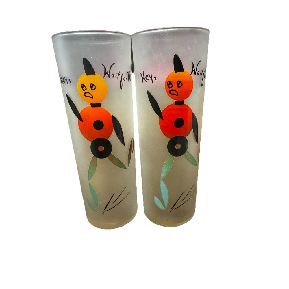 Vintage Federal HEY, WAIT FOR ME Frosted Tom Collins Zombie Glasses, Set of 2